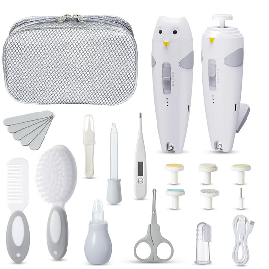 Baby Healthcare and Grooming Kit, 26 in 1 Rechargeable Nail Trimmer Electric Set,Safe File with Auto Light, Newborn Nursery Health Care Portable Safety Set for Infant Toddlers Boys Girls, Grey