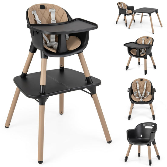 5-In-1 High Chair, Convertible Highchair for Babies and Toddlers/Kids Chair Table Set/Infant Feeding Chair W/Safety Harness, PU Leather Cushion & Removable Food Tray (Coffee)