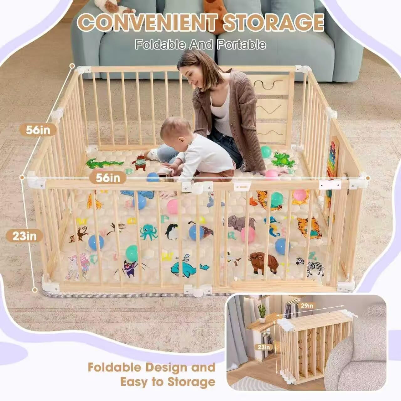 Foldable Wooden Baby Playpen with Soft Play Mat, Adjustable Playpen for Babies and Toddlers with 36 Colorful Balls, Portable Baby Fence Play Area Activity Center with Gate for Toddlers(56X56X23Inches)