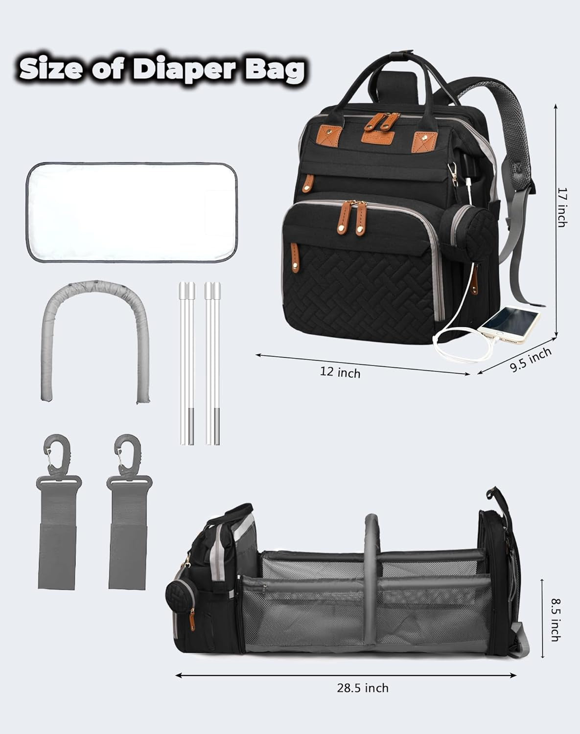Baby Diaper Bags with Changing Station, Waterproof Diaper Bag Backpack for Moms Dads with USB Charging Port, Baby Shower Gifts, Large Capacity Diaper Backpack, Black