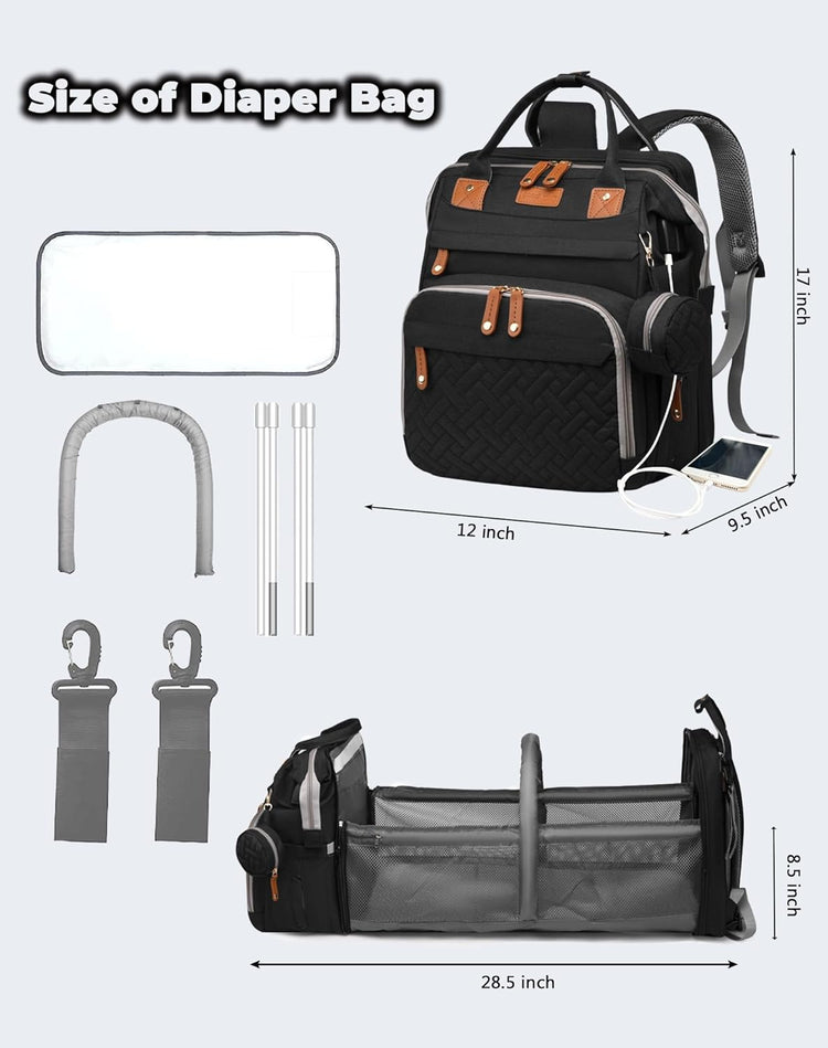 Baby Diaper Bags with Changing Station, Waterproof Diaper Bag Backpack for Moms Dads with USB Charging Port, Baby Shower Gifts, Large Capacity Diaper Backpack, Black