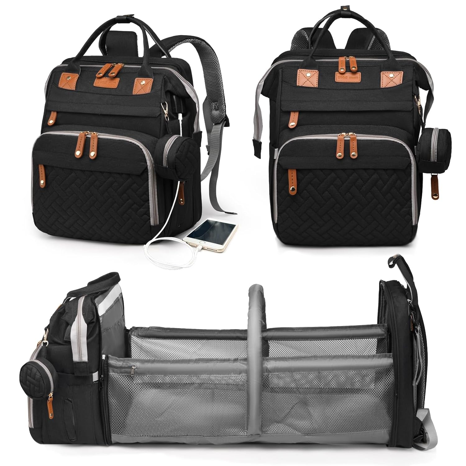 Baby Diaper Bags with Changing Station, Waterproof Diaper Bag Backpack for Moms Dads with USB Charging Port, Baby Shower Gifts, Large Capacity Diaper Backpack, Black