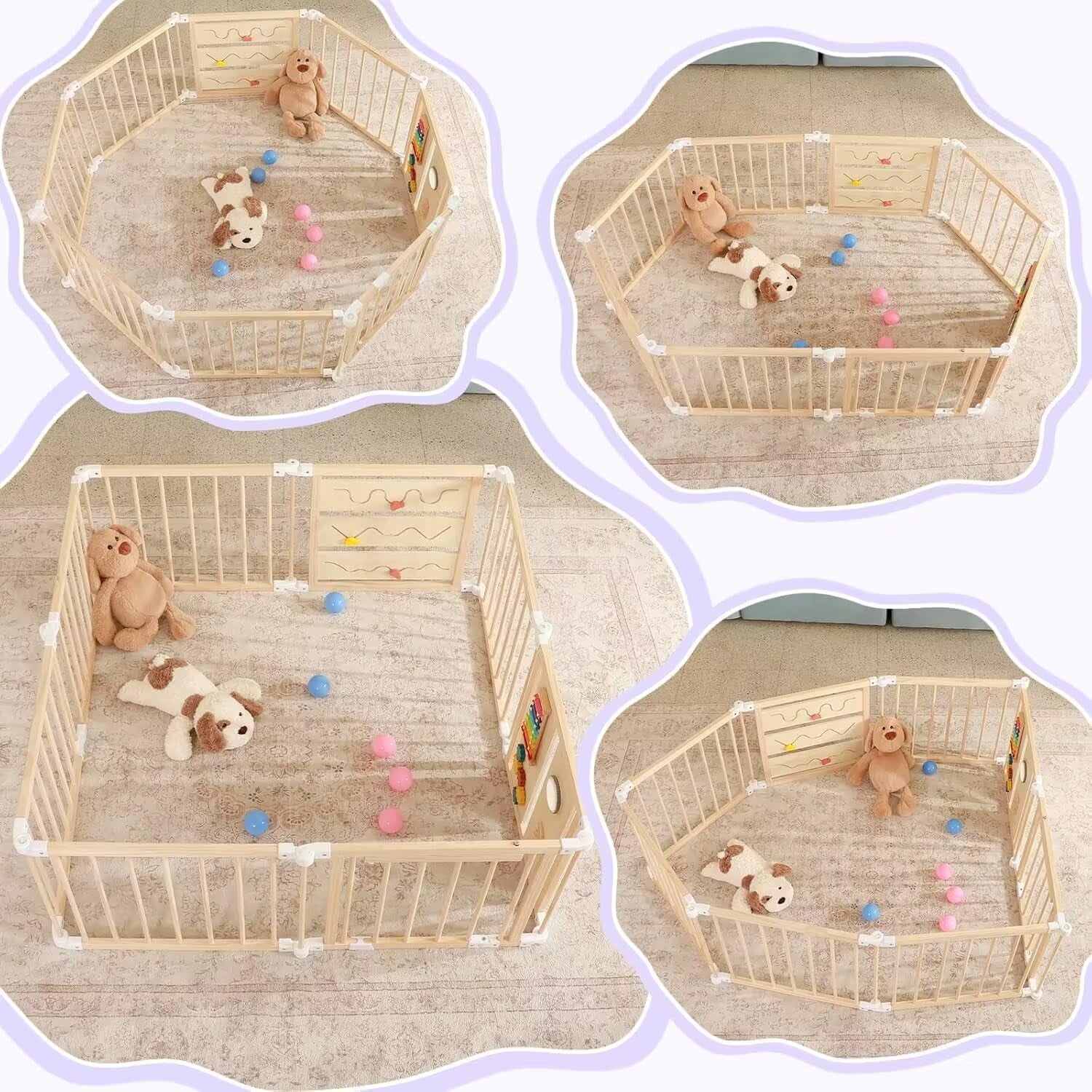 Foldable Wooden Baby Playpen with Soft Play Mat, Adjustable Playpen for Babies and Toddlers with 36 Colorful Balls, Portable Baby Fence Play Area Activity Center with Gate for Toddlers(56X56X23Inches)