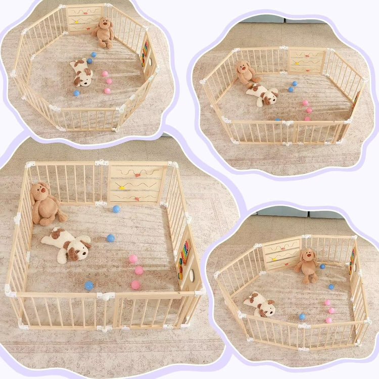Foldable Wooden Baby Playpen with Soft Play Mat, Adjustable Playpen for Babies and Toddlers with 36 Colorful Balls, Portable Baby Fence Play Area Activity Center with Gate for Toddlers(56X56X23Inches)