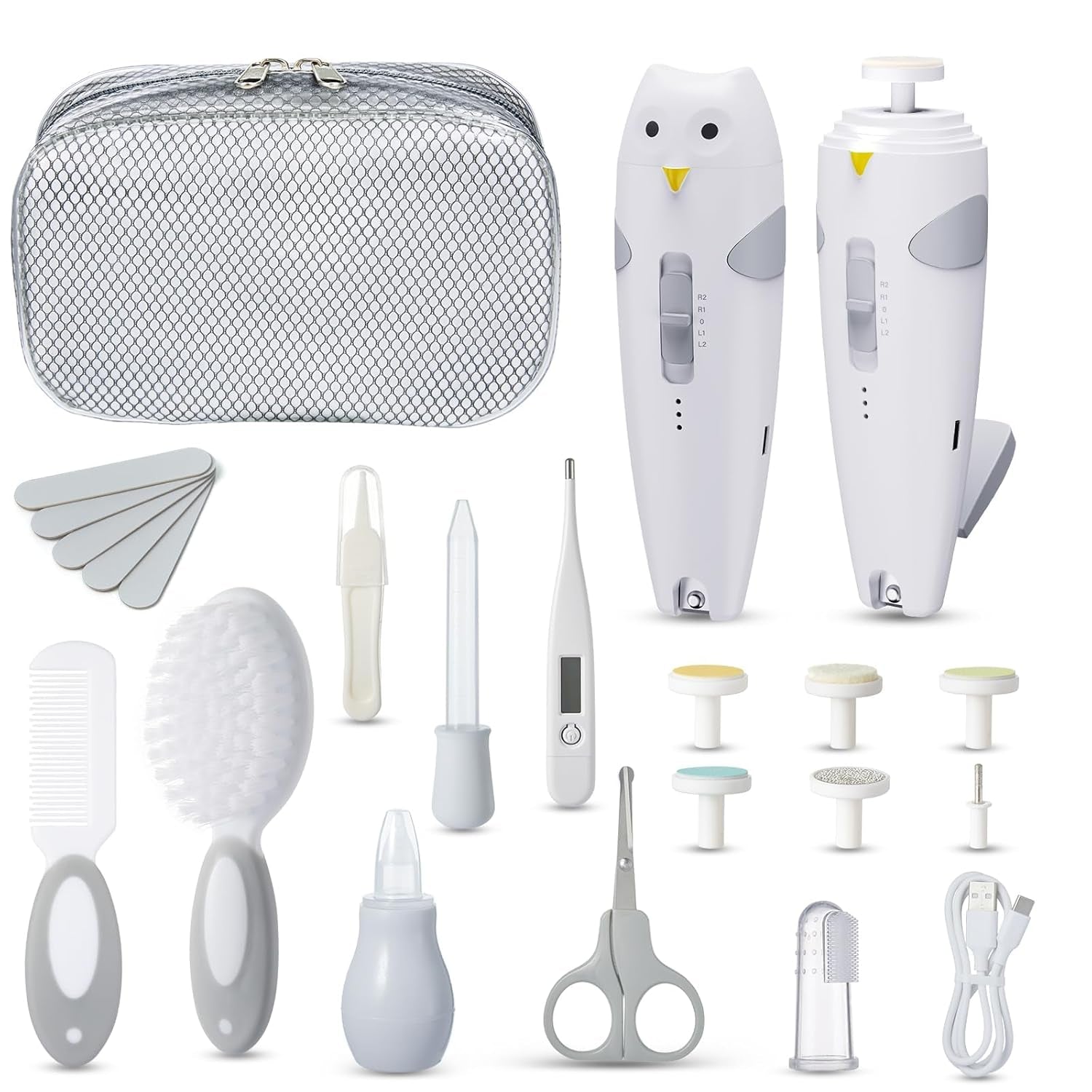 Baby Healthcare and Grooming Kit, 26 in 1 Rechargeable Nail Trimmer Electric Set,Safe File with Auto Light, Newborn Nursery Health Care Portable Safety Set for Infant Toddlers Boys Girls, Grey