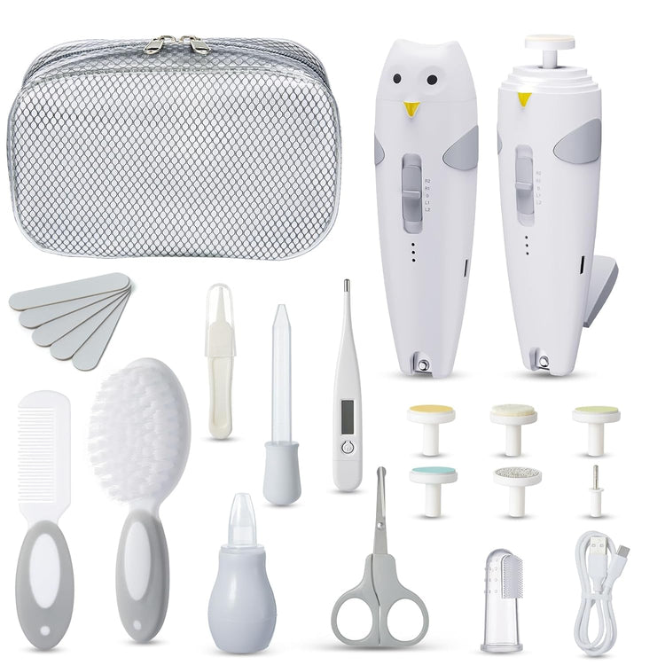 Baby Healthcare and Grooming Kit, 26 in 1 Rechargeable Nail Trimmer Electric Set,Safe File with Auto Light, Newborn Nursery Health Care Portable Safety Set for Infant Toddlers Boys Girls, Grey