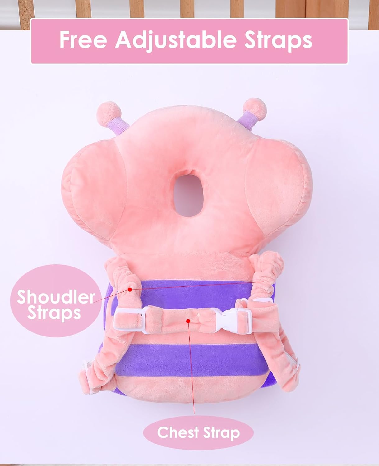 Baby Walker 3-Sided Head Protector Backpack Wear, Toddler Head Protection Safety Pad, Pink Butterfly
