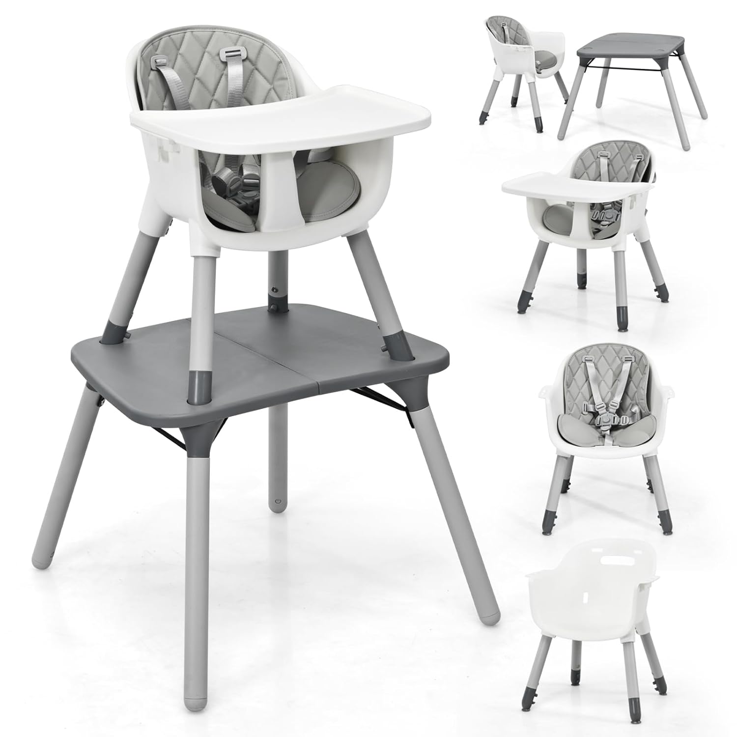 5-In-1 High Chair, Convertible Highchair for Babies and Toddlers/Kids Chair Table Set/Infant Feeding Chair W/Safety Harness, PU Leather Cushion & Removable Food Tray (Coffee)