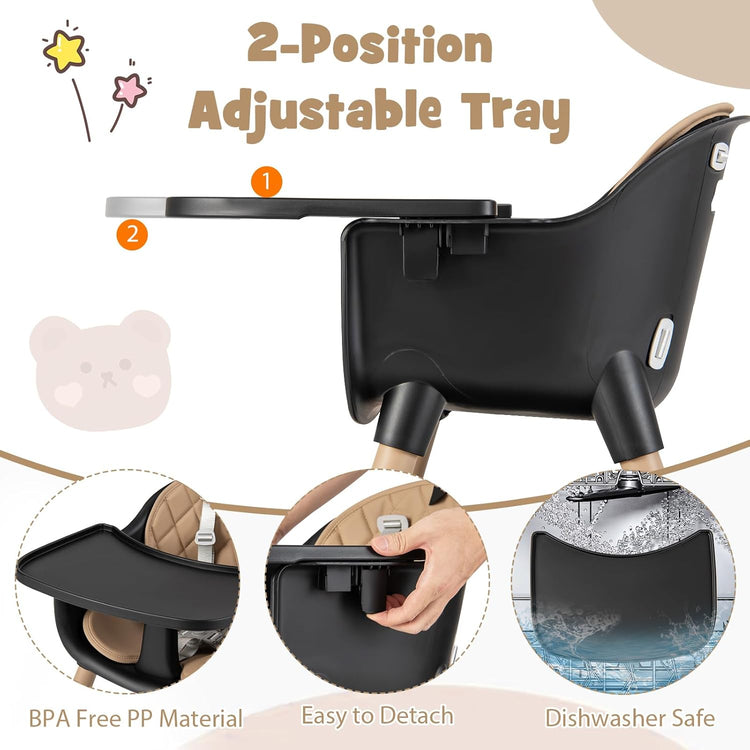 5-In-1 High Chair, Convertible Highchair for Babies and Toddlers/Kids Chair Table Set/Infant Feeding Chair W/Safety Harness, PU Leather Cushion & Removable Food Tray (Coffee)