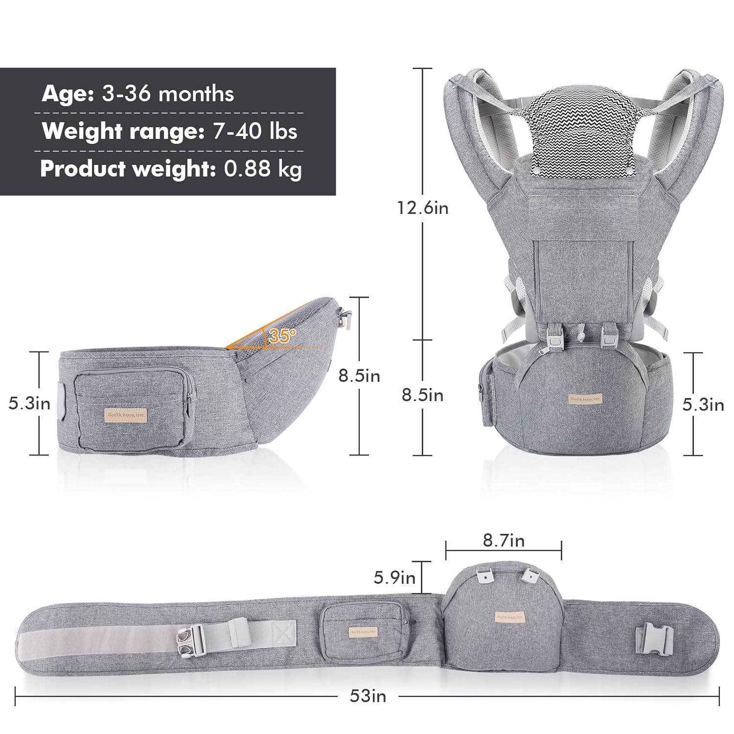 Baby Carrier Newborn to Toddler: 9-In-1 Convertible Carrier Ergonomic Infant Carriers All Seasons, M Positions, Adjustable Strap Perfect for Travel 3-36 Months Grey - Baby Carrier with Hip Seat