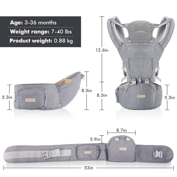 Baby Carrier Newborn to Toddler: 9-In-1 Convertible Carrier Ergonomic Infant Carriers All Seasons, M Positions, Adjustable Strap Perfect for Travel 3-36 Months Grey - Baby Carrier with Hip Seat