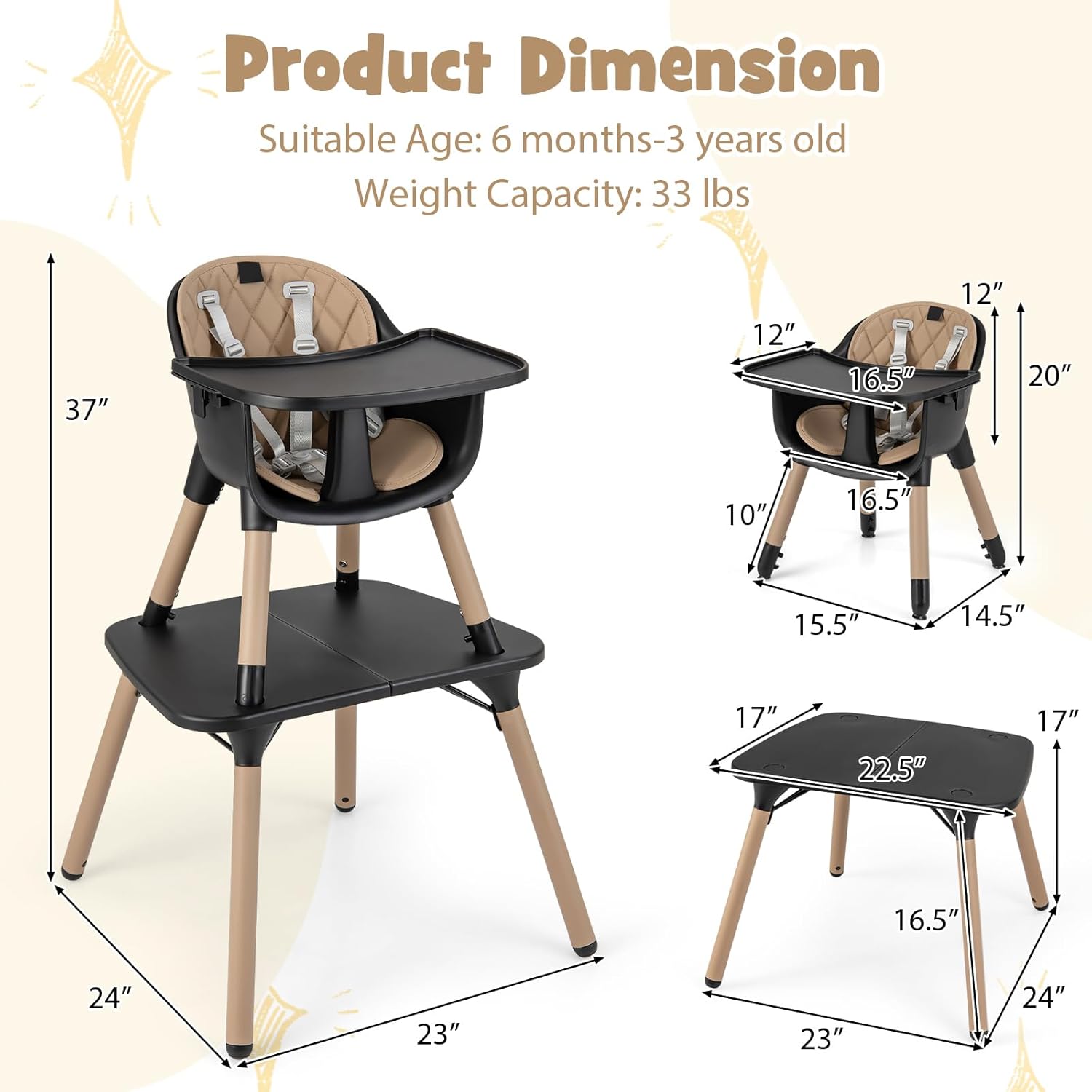 5-In-1 High Chair, Convertible Highchair for Babies and Toddlers/Kids Chair Table Set/Infant Feeding Chair W/Safety Harness, PU Leather Cushion & Removable Food Tray (Coffee)