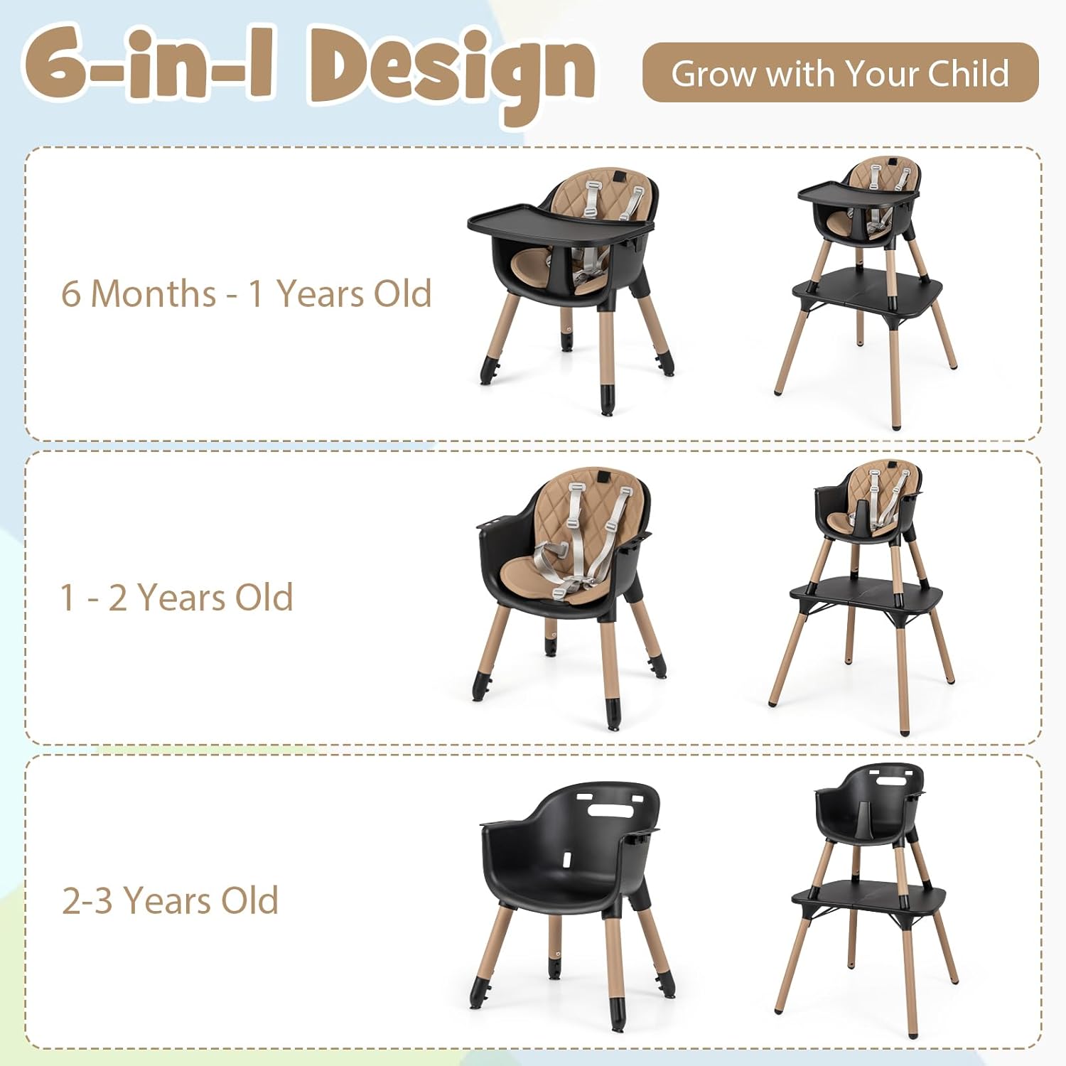5-In-1 High Chair, Convertible Highchair for Babies and Toddlers/Kids Chair Table Set/Infant Feeding Chair W/Safety Harness, PU Leather Cushion & Removable Food Tray (Coffee)