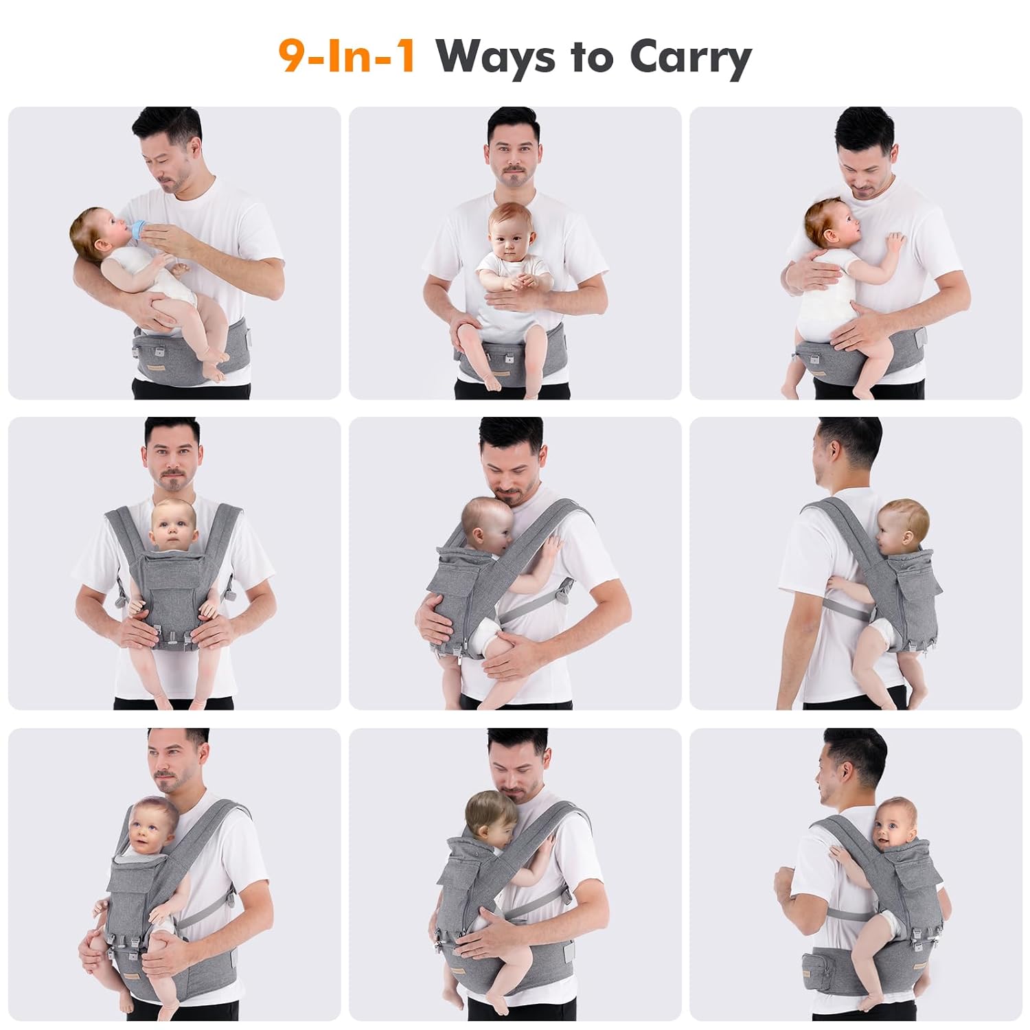 Baby Carrier Newborn to Toddler: 9-In-1 Convertible Carrier Ergonomic Infant Carriers All Seasons, M Positions, Adjustable Strap Perfect for Travel 3-36 Months Grey - Baby Carrier with Hip Seat