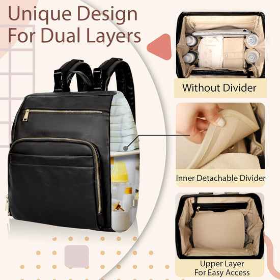 Diaper Bag Backpack Leather Large Baby Diaper Bag Essentials with 18 Organizing Pockets,6 Insulated Pockets,Usb Charging Port,Stroller Straps,Changing Pad (Black)