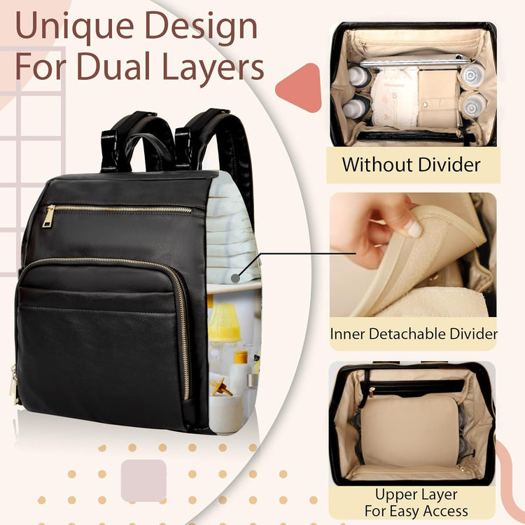 Diaper Bag Backpack Leather Large Baby Diaper Bag Essentials with 18 Organizing Pockets,6 Insulated Pockets,Usb Charging Port,Stroller Straps,Changing Pad (Black)