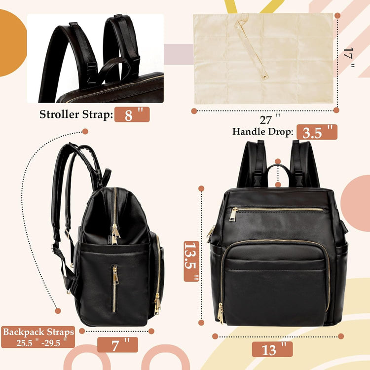 Diaper Bag Backpack Leather Large Baby Diaper Bag Essentials with 18 Organizing Pockets,6 Insulated Pockets,Usb Charging Port,Stroller Straps,Changing Pad (Black)