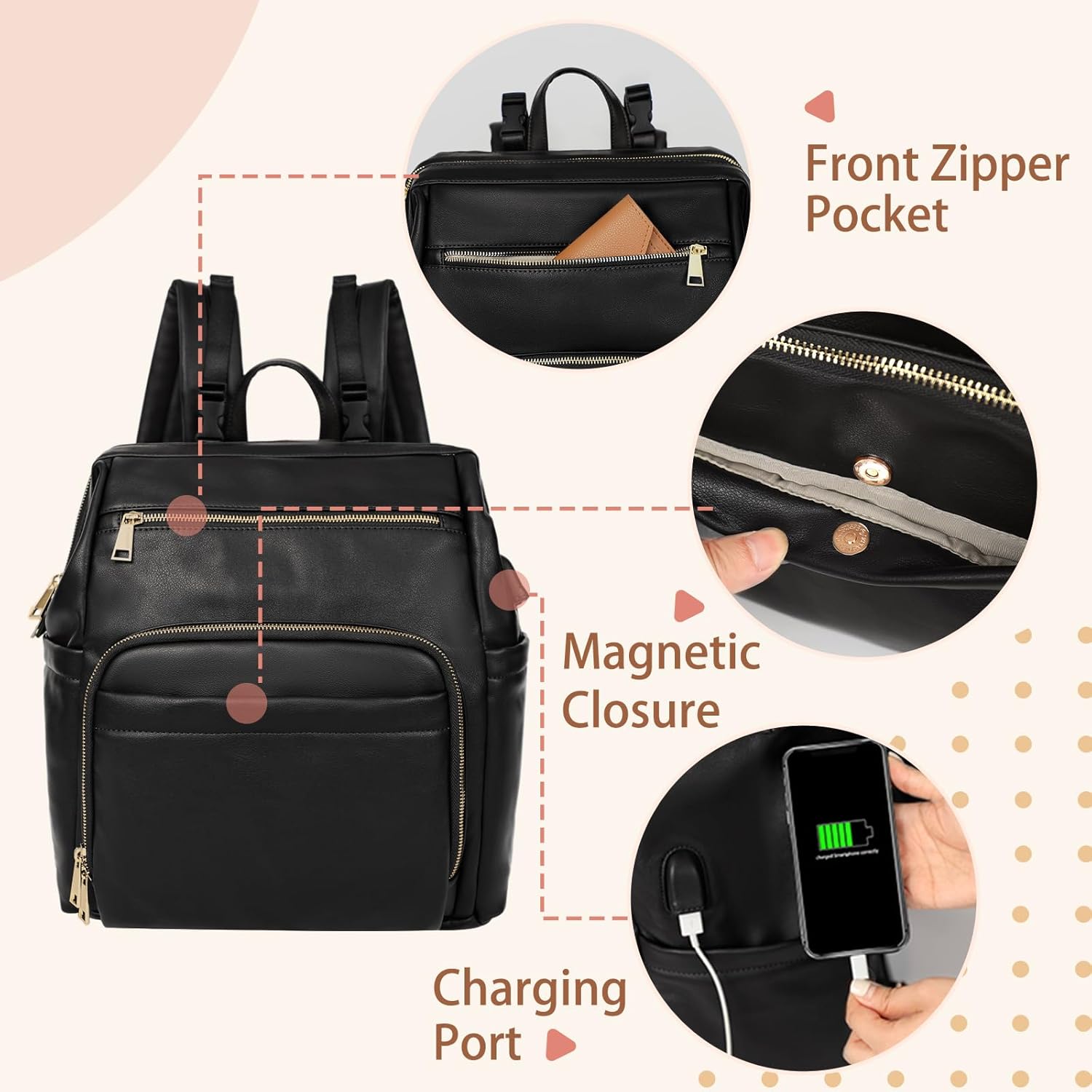 Diaper Bag Backpack Leather Large Baby Diaper Bag Essentials with 18 Organizing Pockets,6 Insulated Pockets,Usb Charging Port,Stroller Straps,Changing Pad (Black)