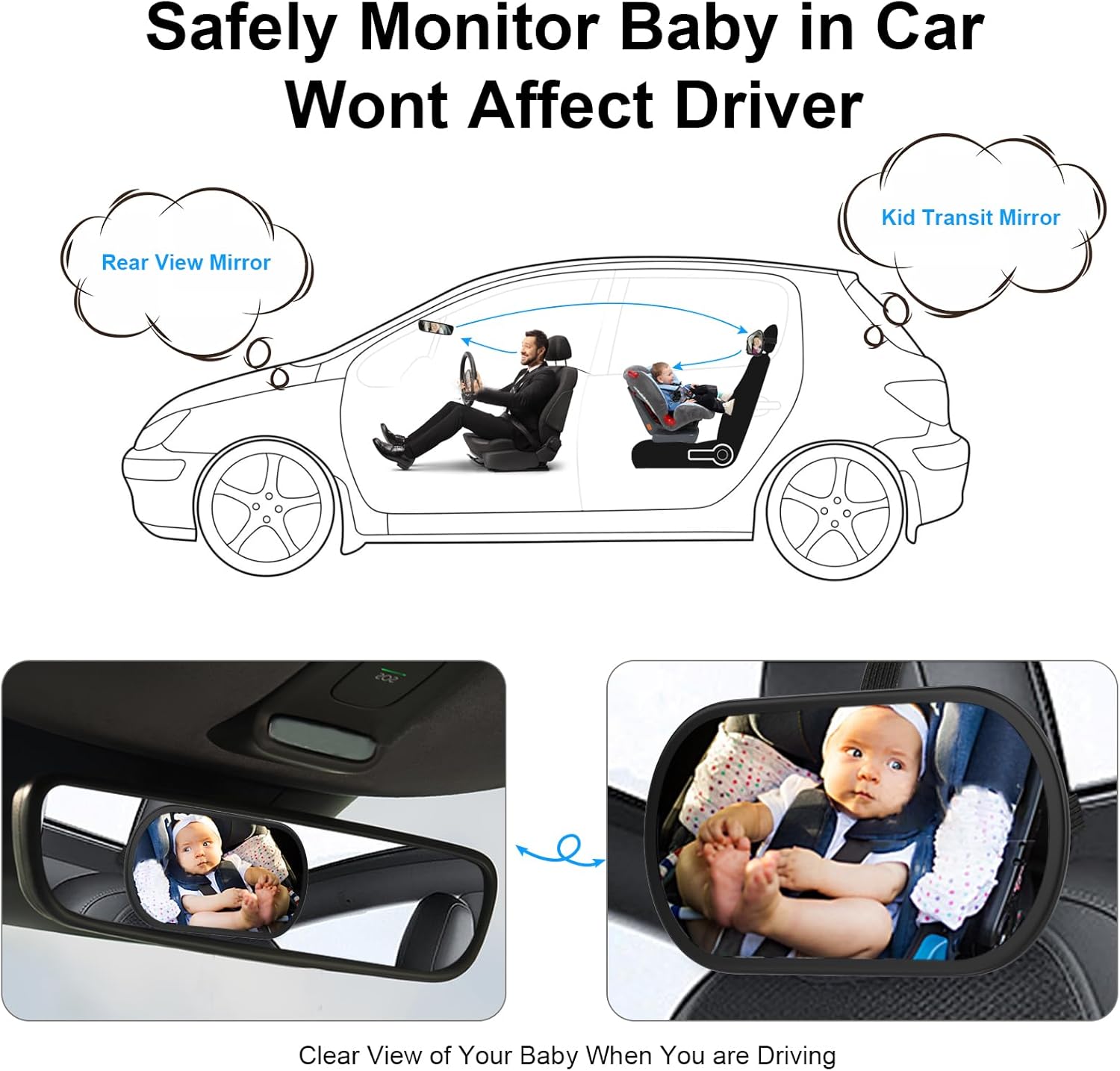 Baby Car Mirror, Safety Car Seat Mirror for Rear Facing Infant, Clear Wide View, 360°Rotation, Easily Observe the Baby Move, Secure, Shatterproof, Crash Tested and Certified (Black)
