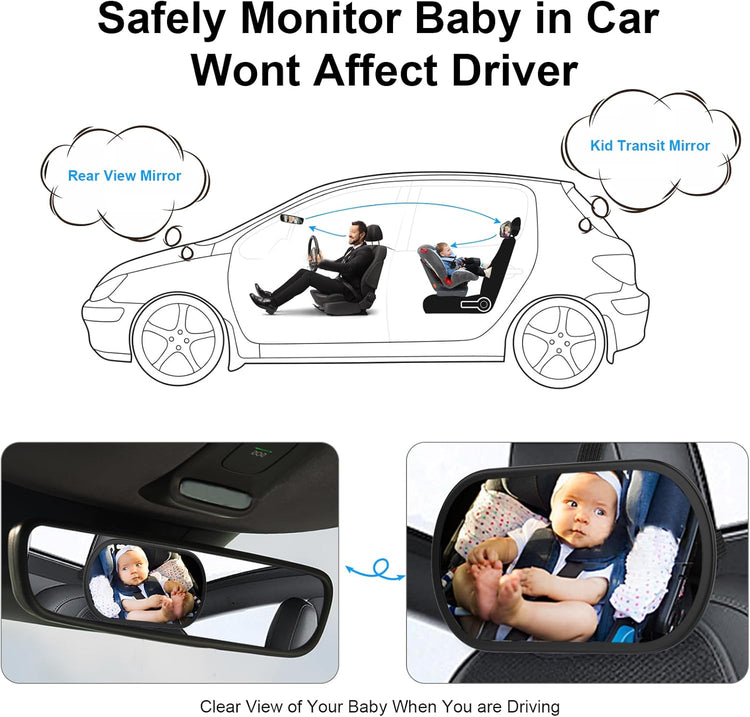 Baby Car Mirror, Safety Car Seat Mirror for Rear Facing Infant, Clear Wide View, 360°Rotation, Easily Observe the Baby Move, Secure, Shatterproof, Crash Tested and Certified (Black)