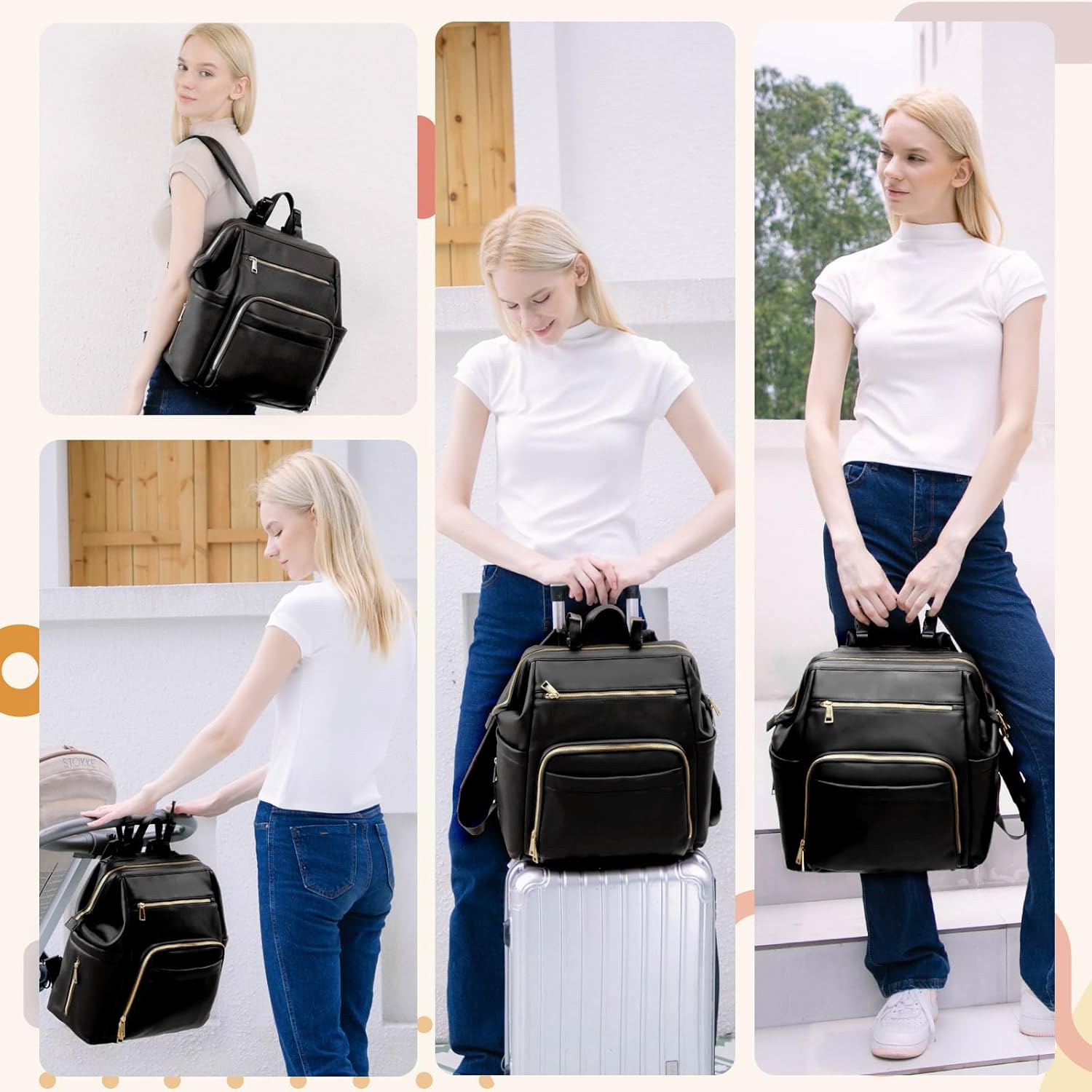 Diaper Bag Backpack Leather Large Baby Diaper Bag Essentials with 18 Organizing Pockets,6 Insulated Pockets,Usb Charging Port,Stroller Straps,Changing Pad (Black)