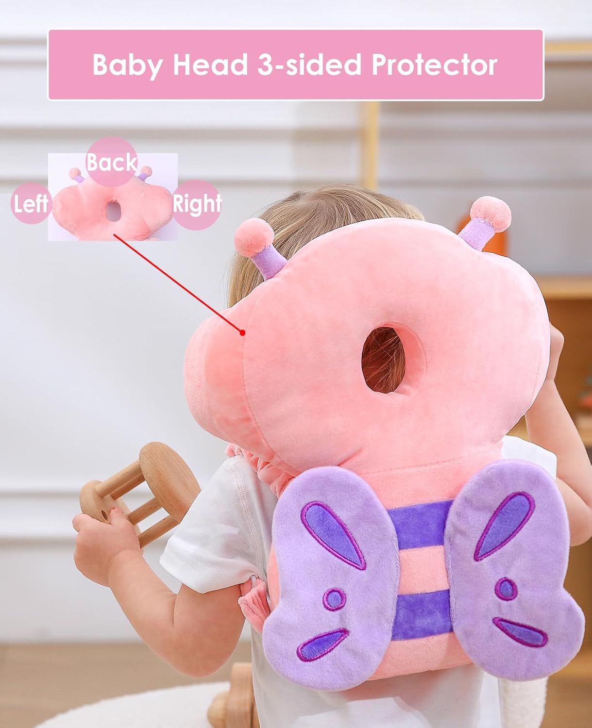 Baby Walker 3-Sided Head Protector Backpack Wear, Toddler Head Protection Safety Pad, Pink Butterfly