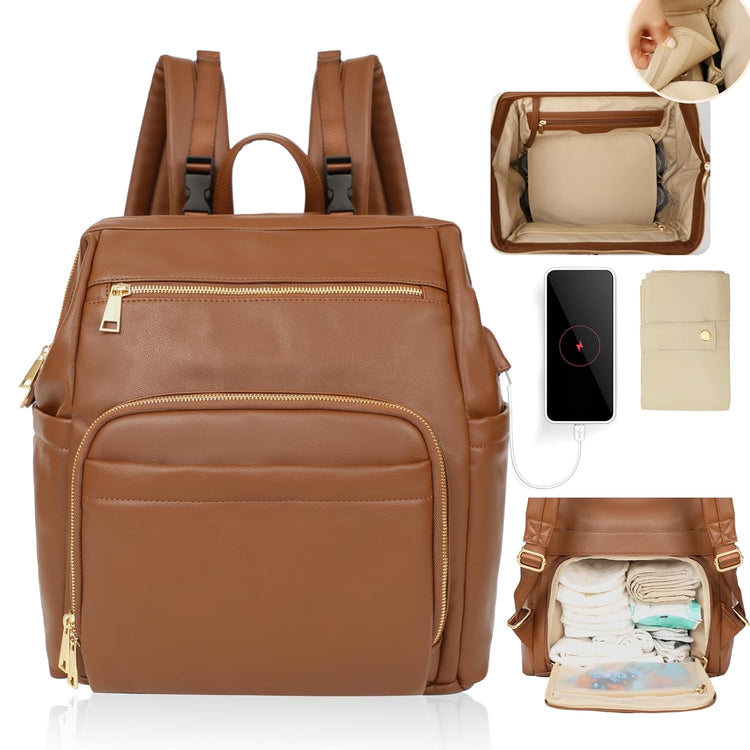 Diaper Bag Backpack Leather Large Baby Diaper Bag Essentials with 18 Organizing Pockets,6 Insulated Pockets,Usb Charging Port,Stroller Straps,Changing Pad (Black)