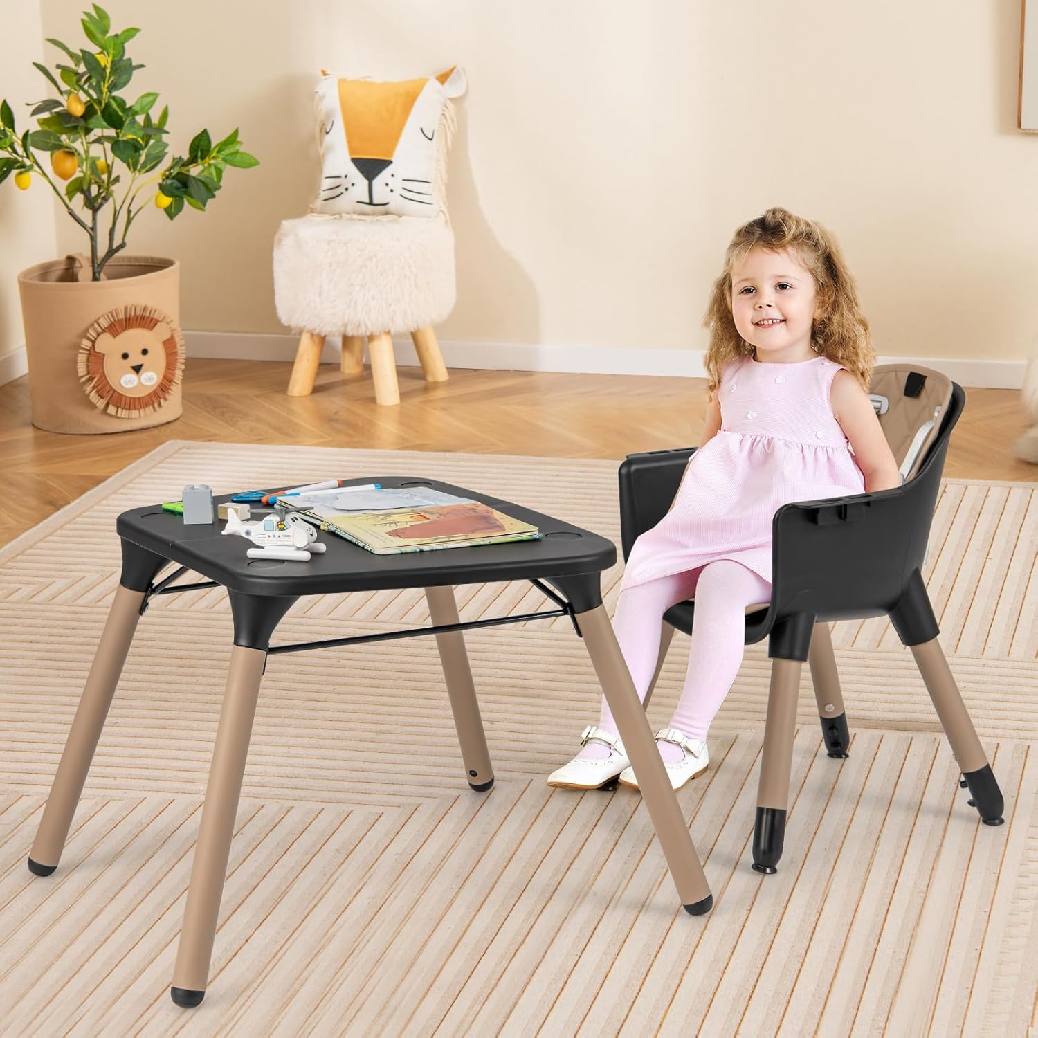 5-In-1 High Chair, Convertible Highchair for Babies and Toddlers/Kids Chair Table Set/Infant Feeding Chair W/Safety Harness, PU Leather Cushion & Removable Food Tray (Coffee)