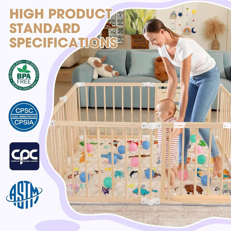 Foldable Wooden Baby Playpen with Soft Play Mat, Adjustable Playpen for Babies and Toddlers with 36 Colorful Balls, Portable Baby Fence Play Area Activity Center with Gate for Toddlers(56X56X23Inches)