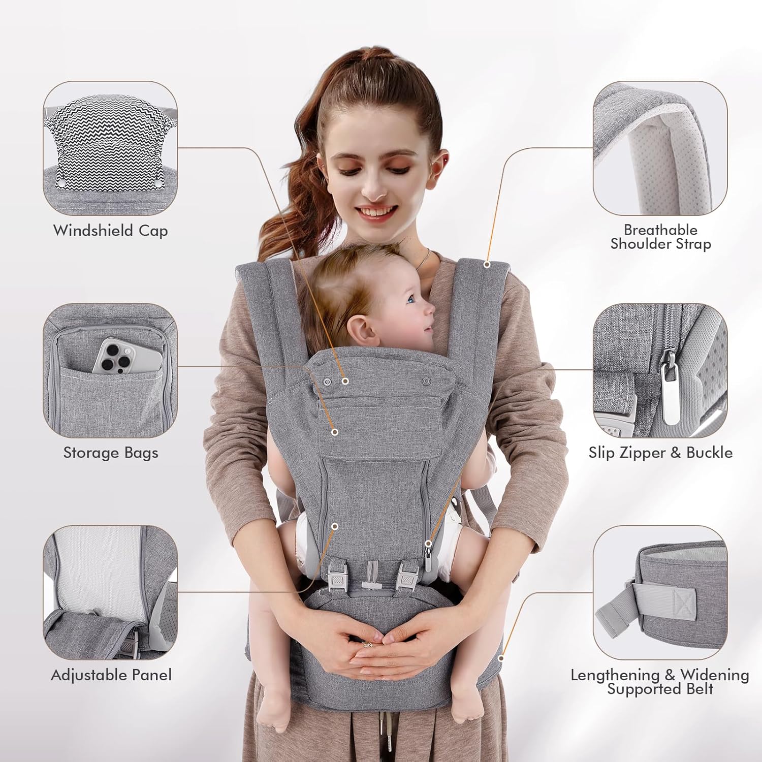 Baby Carrier Newborn to Toddler: 9-In-1 Convertible Carrier Ergonomic Infant Carriers All Seasons, M Positions, Adjustable Strap Perfect for Travel 3-36 Months Grey - Baby Carrier with Hip Seat