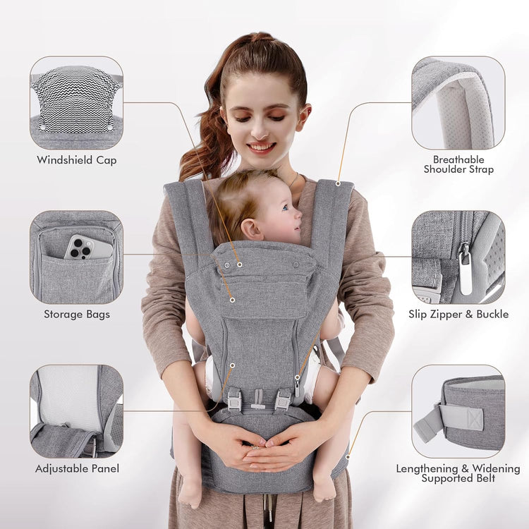 Baby Carrier Newborn to Toddler: 9-In-1 Convertible Carrier Ergonomic Infant Carriers All Seasons, M Positions, Adjustable Strap Perfect for Travel 3-36 Months Grey - Baby Carrier with Hip Seat