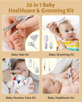 Baby Healthcare and Grooming Kit, 26 in 1 Rechargeable Nail Trimmer Electric Set,Safe File with Auto Light, Newborn Nursery Health Care Portable Safety Set for Infant Toddlers Boys Girls, Grey