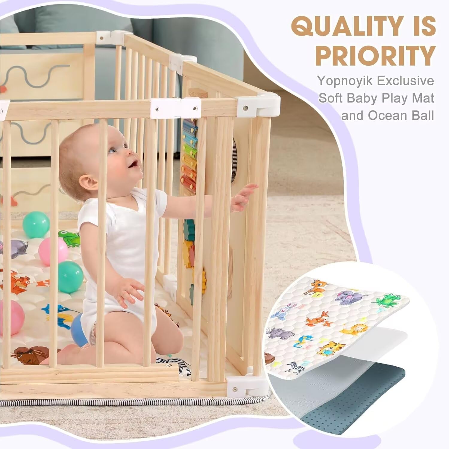 Foldable Wooden Baby Playpen with Soft Play Mat, Adjustable Playpen for Babies and Toddlers with 36 Colorful Balls, Portable Baby Fence Play Area Activity Center with Gate for Toddlers(56X56X23Inches)