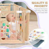 Foldable Wooden Baby Playpen with Soft Play Mat, Adjustable Playpen for Babies and Toddlers with 36 Colorful Balls, Portable Baby Fence Play Area Activity Center with Gate for Toddlers(56X56X23Inches)
