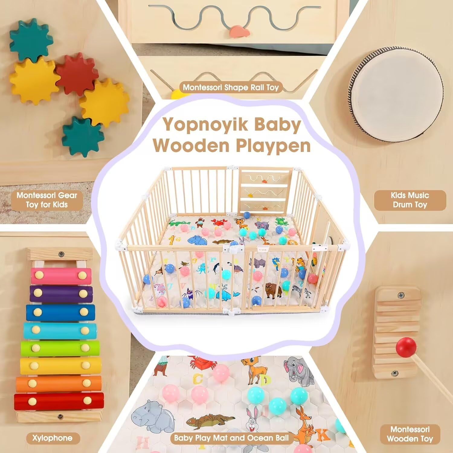 Foldable Wooden Baby Playpen with Soft Play Mat, Adjustable Playpen for Babies and Toddlers with 36 Colorful Balls, Portable Baby Fence Play Area Activity Center with Gate for Toddlers(56X56X23Inches)