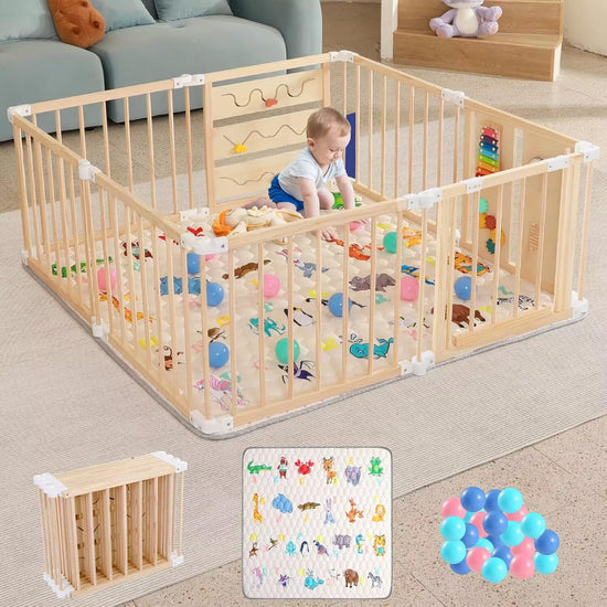 Foldable Wooden Baby Playpen with Soft Play Mat, Adjustable Playpen for Babies and Toddlers with 36 Colorful Balls, Portable Baby Fence Play Area Activity Center with Gate for Toddlers(56X56X23Inches)