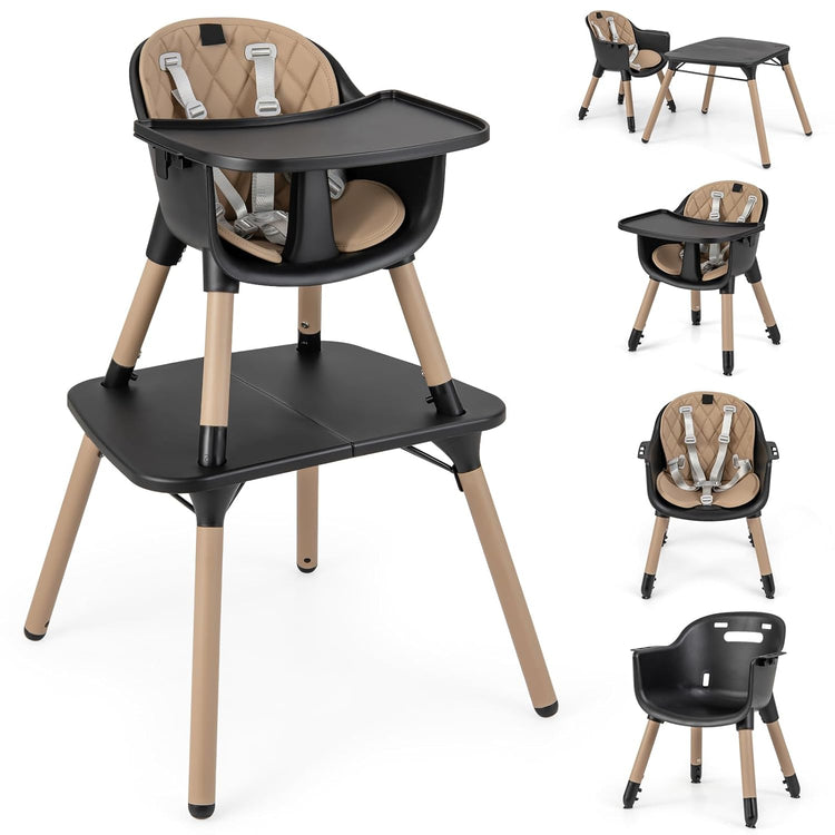 5-In-1 High Chair, Convertible Highchair for Babies and Toddlers/Kids Chair Table Set/Infant Feeding Chair W/Safety Harness, PU Leather Cushion & Removable Food Tray (Coffee)