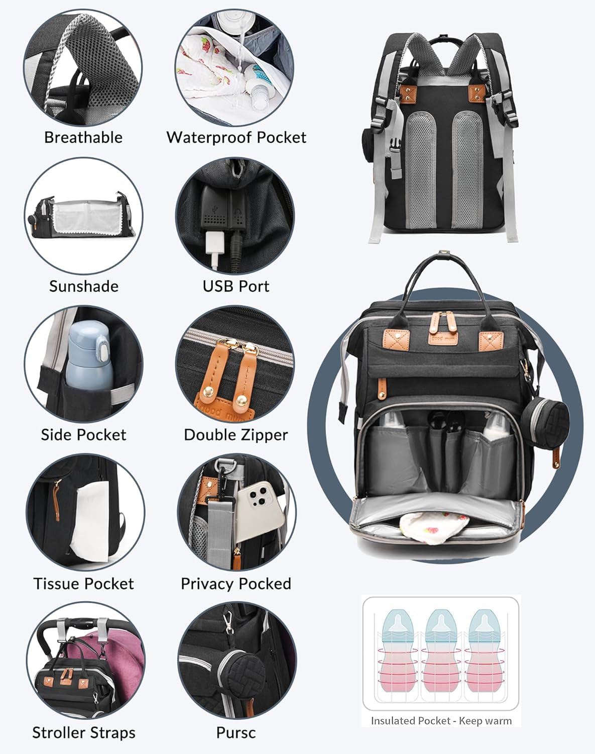 Baby Diaper Bags with Changing Station, Waterproof Diaper Bag Backpack for Moms Dads with USB Charging Port, Baby Shower Gifts, Large Capacity Diaper Backpack, Black