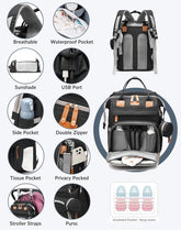 Baby Diaper Bags with Changing Station, Waterproof Diaper Bag Backpack for Moms Dads with USB Charging Port, Baby Shower Gifts, Large Capacity Diaper Backpack, Black