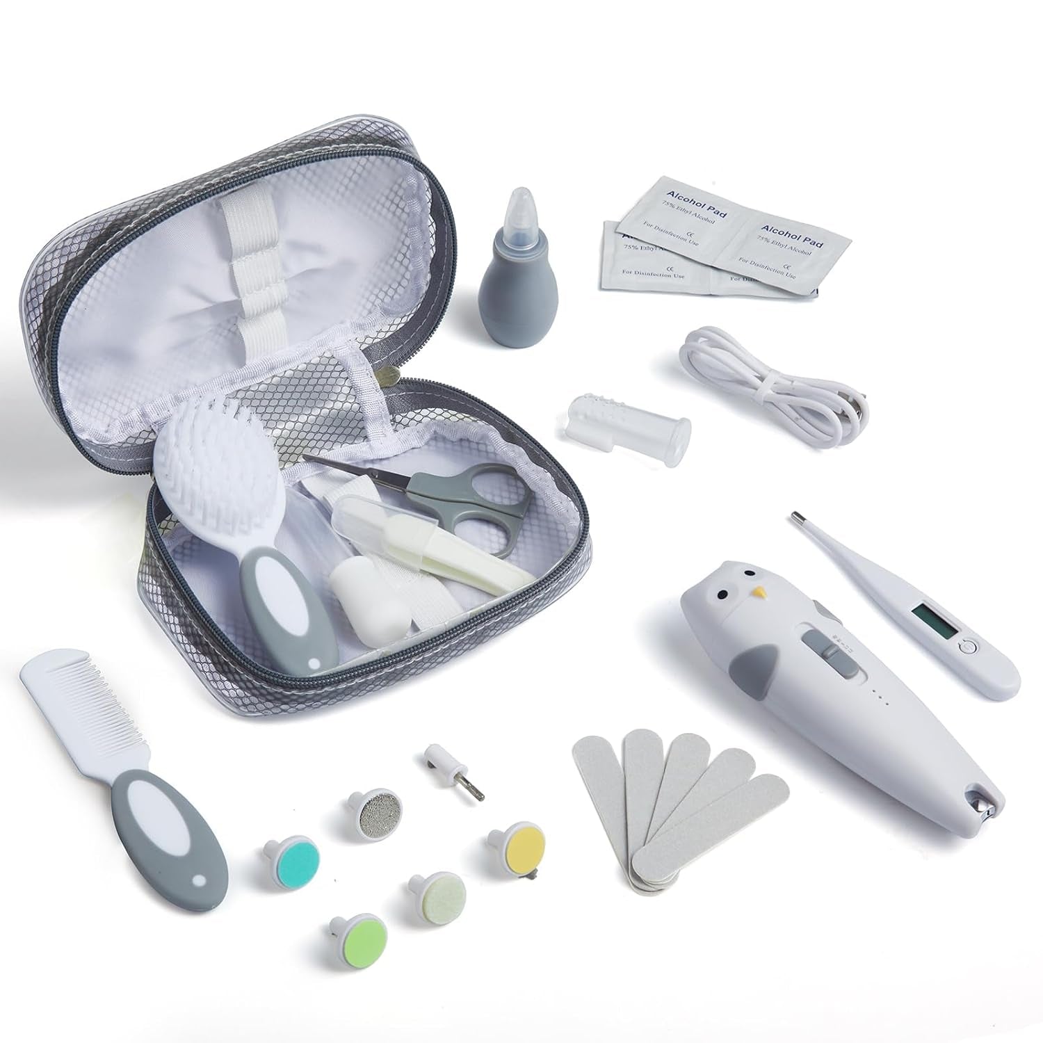 Baby Healthcare and Grooming Kit, 26 in 1 Rechargeable Nail Trimmer Electric Set,Safe File with Auto Light, Newborn Nursery Health Care Portable Safety Set for Infant Toddlers Boys Girls, Grey