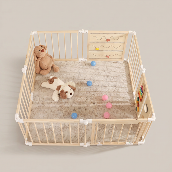 Foldable Wooden Baby Playpen w/ Play Mat